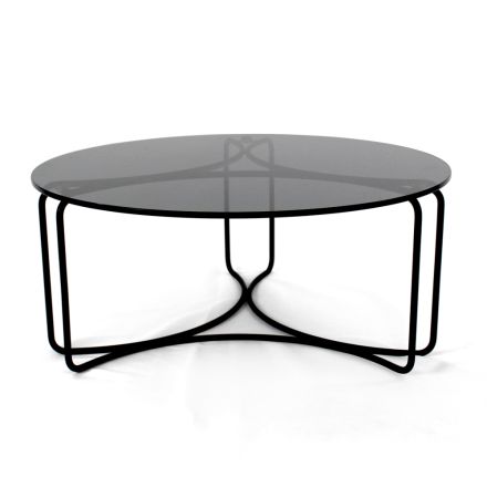 Mesa de centro redonda de vidrio con base de 3 medias lunas Made in Italy - Arepa Viadurini