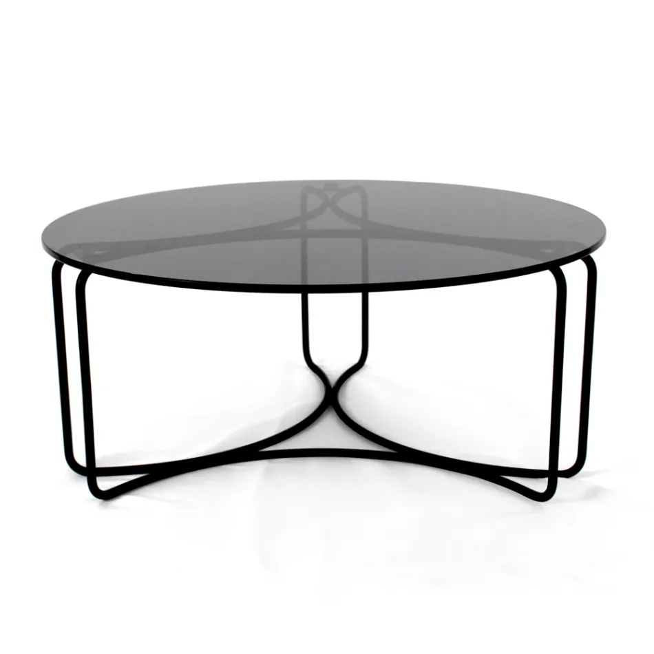 Mesa de centro redonda de vidrio con base de 3 medias lunas Made in Italy - Arepa Viadurini