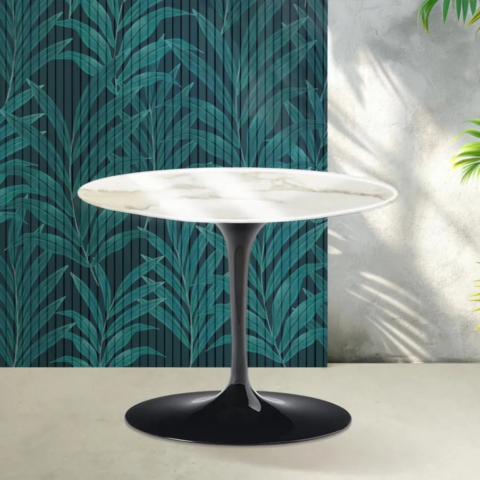 Mesa de centro redonda Tulip de Saarinen, 41 cm de altura, en cerámica Florim Calacatta Gold brillante - Scarlet Viadurini