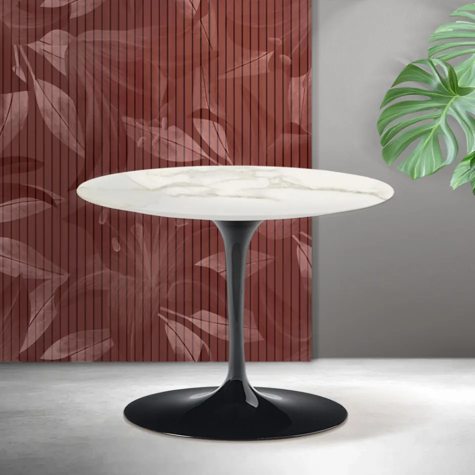 Mesa de centro redonda Tulip de Saarinen, 41 cm de altura, en cerámica mate Florim Calacatta Gold - Scarlet Viadurini