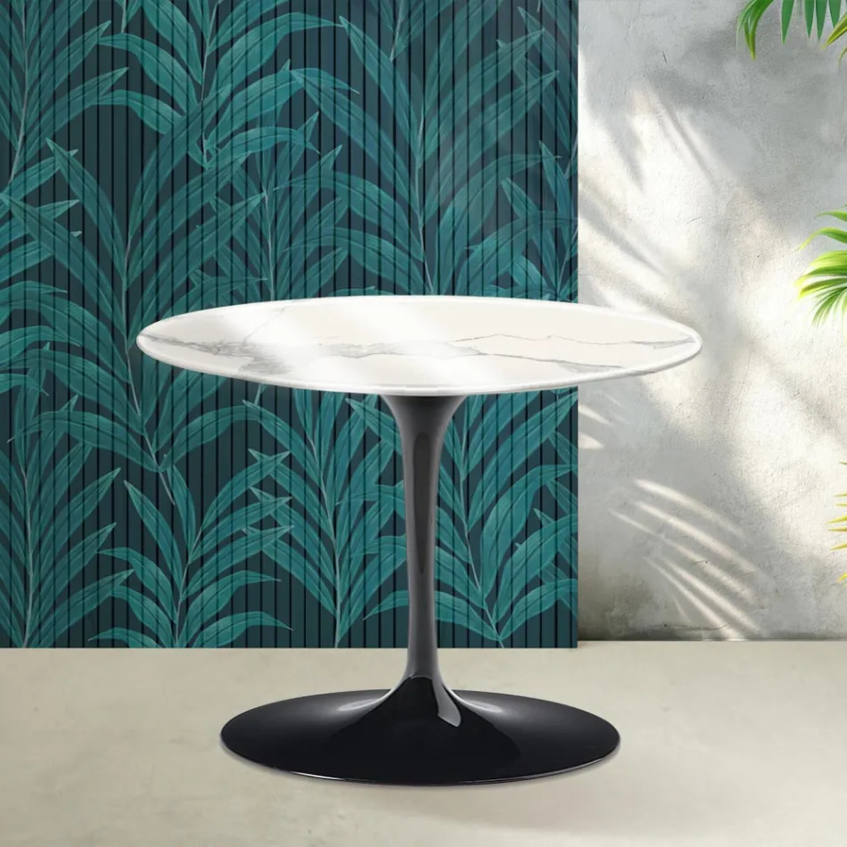 Mesa de centro redonda Tulip de Saarinen, 41 cm de altura, en cerámica Statuario Florim brillante - Escarlata Viadurini