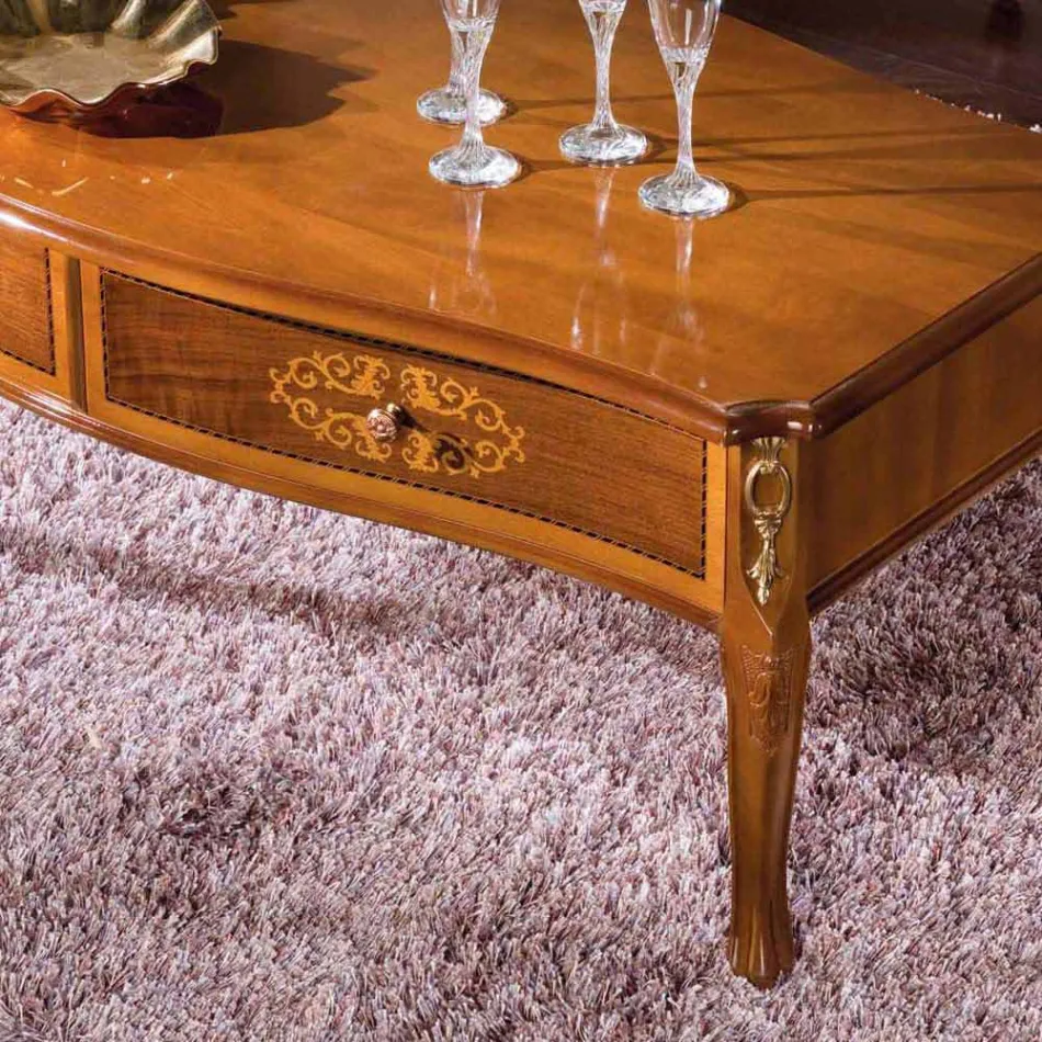 Mesa de centro de madera con incrustaciones con 2 cajones Made in Italy - Katerine Viadurini