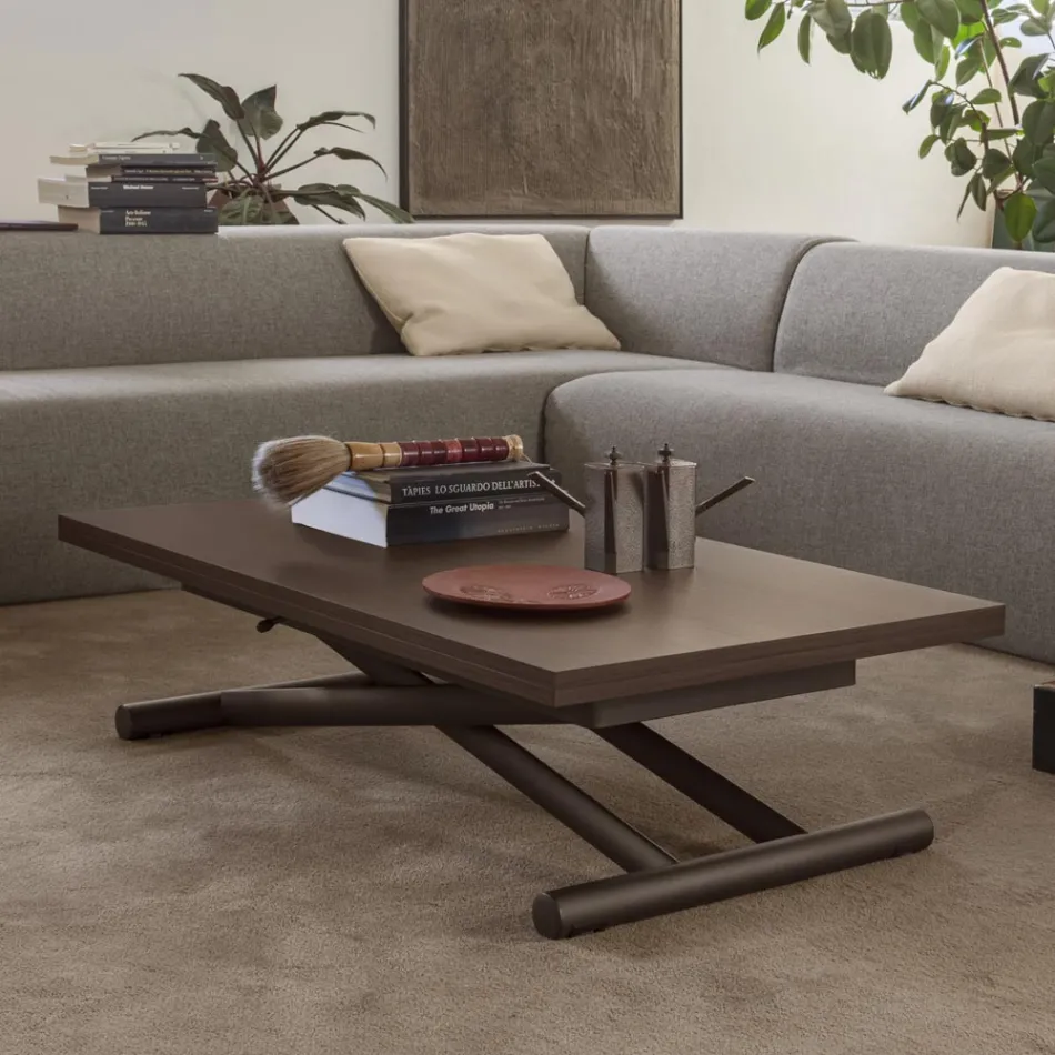 Mesa de centro transformable en metal y madera Made in Italy - Veneris Viadurini