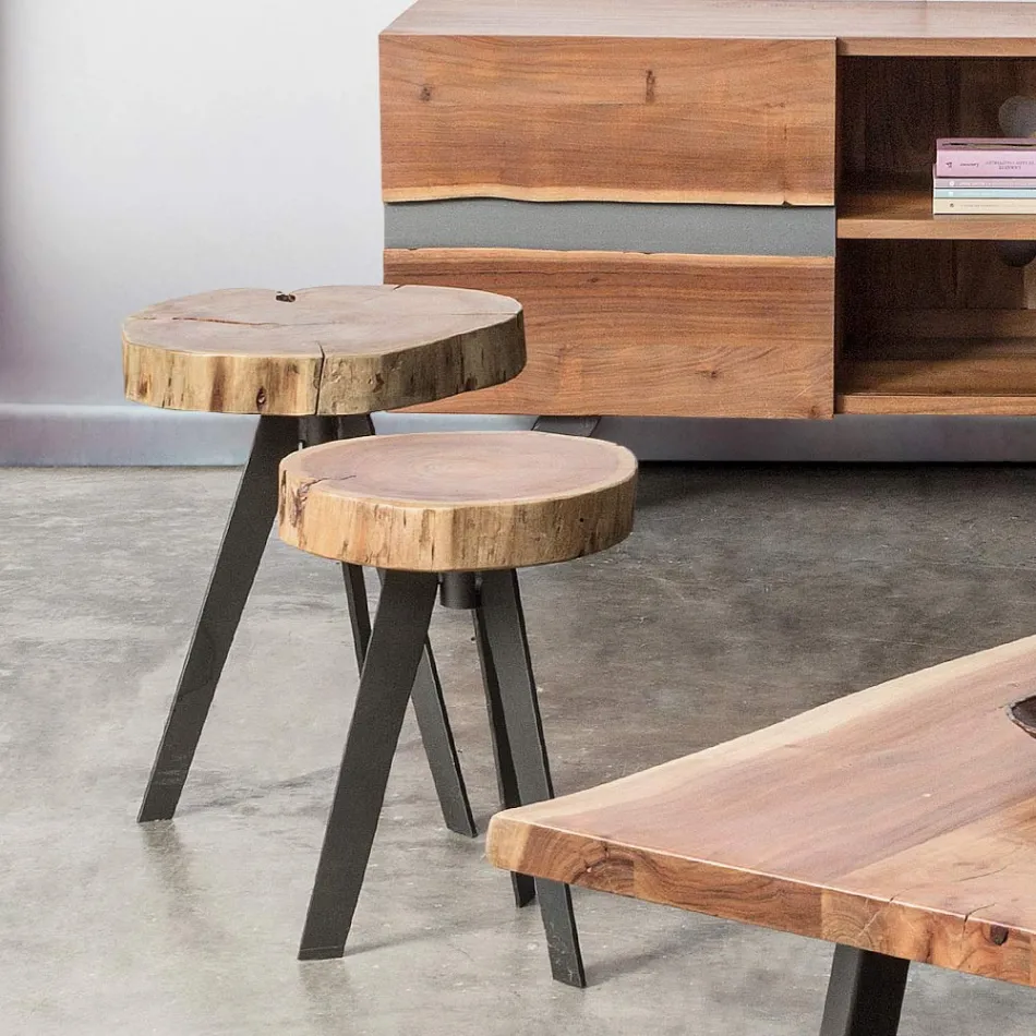 Mesa de centro redonda en baúl de madera y acero Homemotion - Tancredi Viadurini