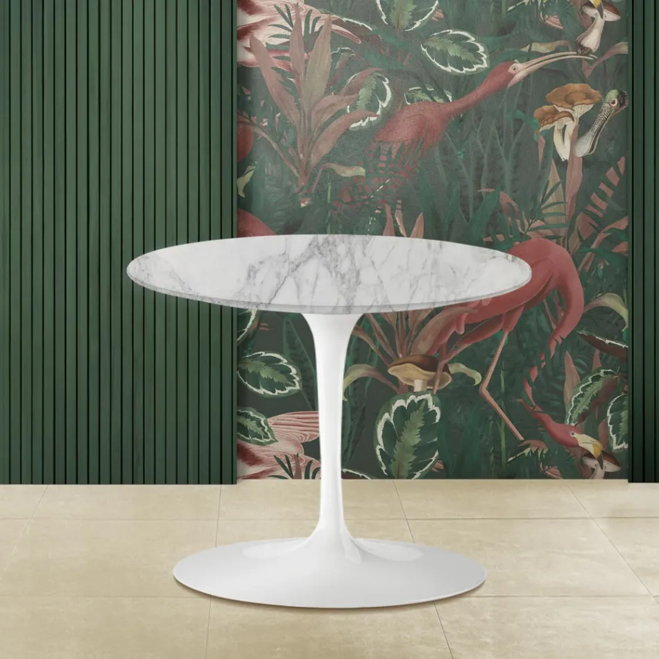 Mesita Tulip Eero Saarinen Alt. 39 con tablero redondo de mármol Arabescato Viadurini