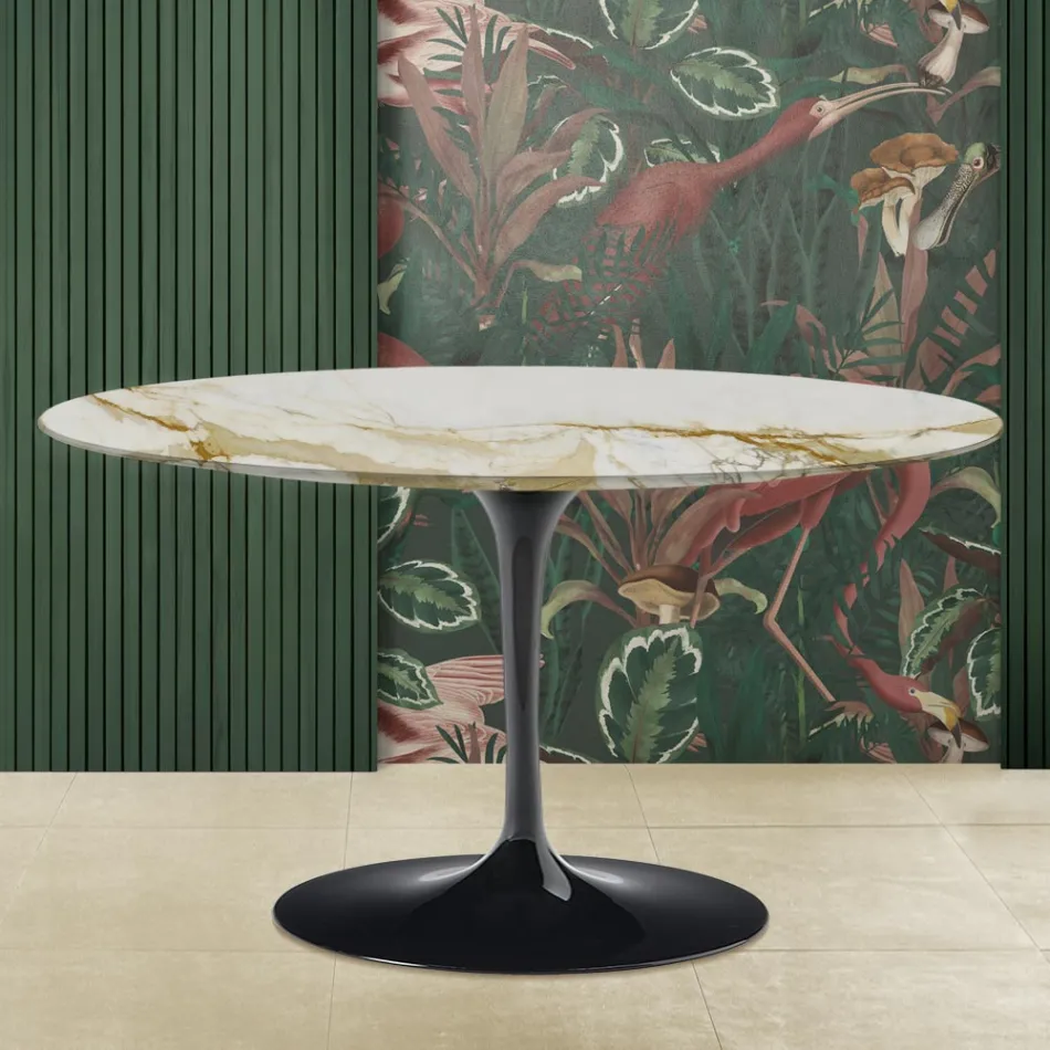 Mesita Tulip Eero Saarinen Alt. 41 Ovalada con tablero de mármol Oro Caracatta Viadurini
