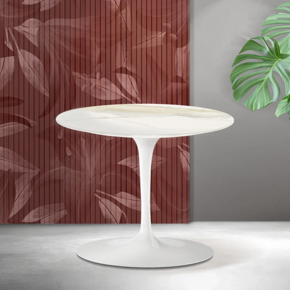 Mesa de centro Tulipán de Saarinen, 39 cm de altura, en cerámica mate Florim Calacatta Gold - Escarlata Viadurini