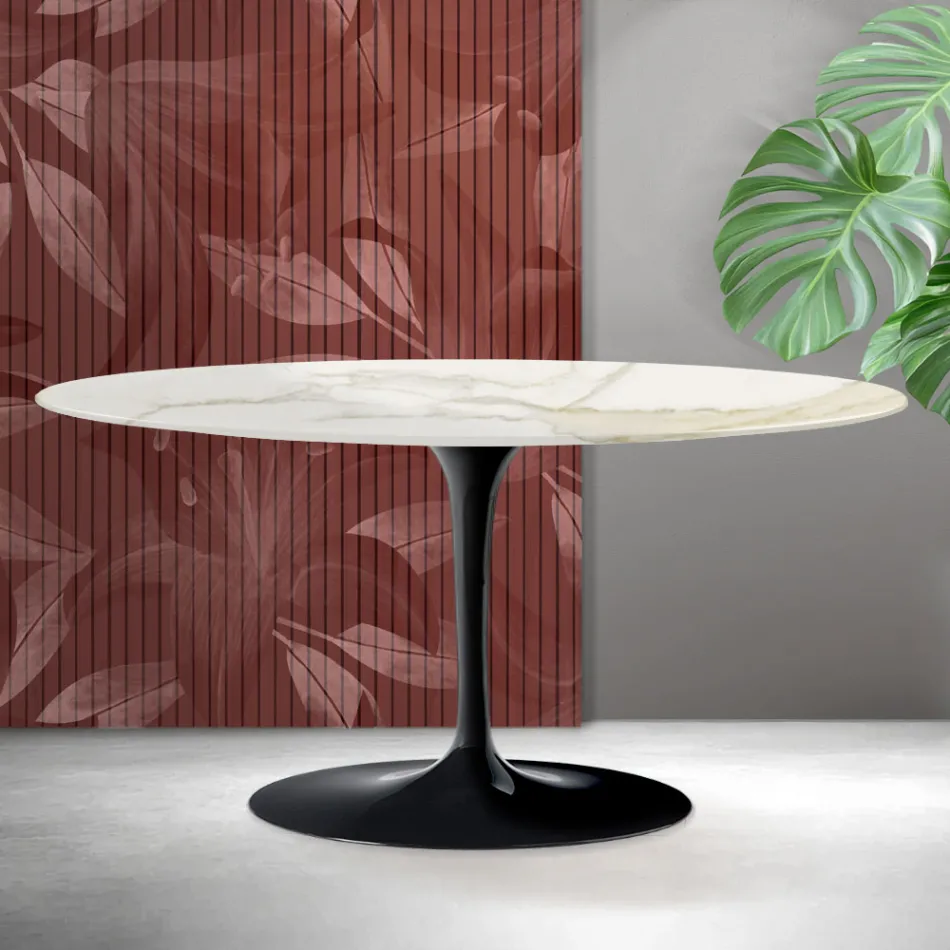 Mesa de centro Tulipán de Saarinen, 41 cm de altura, en cerámica mate Florim Calacatta Gold - Escarlata Viadurini