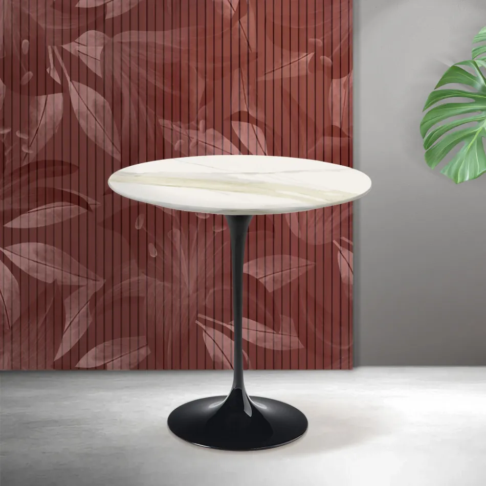 Mesa de centro Tulipán de Saarinen, 52 cm de altura, en cerámica mate Florim Calacatta Gold - Escarlata Viadurini