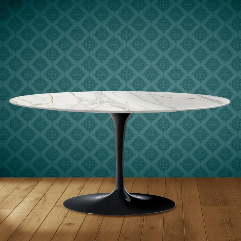 Mesa de centro Tulipán de Saarinen, ovalada, 41 cm de alto, cerámica brillante, fabricada en Italia - Escarlata Viadurini