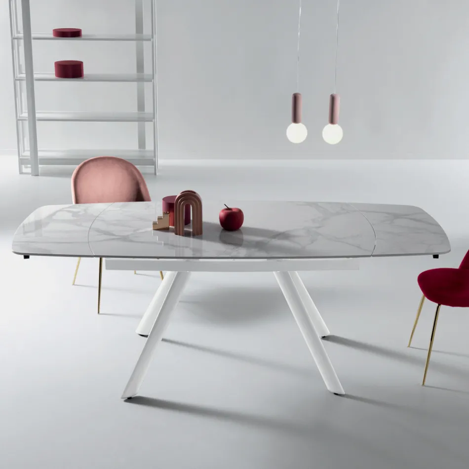 Mesa extensible de 140/210 x 90 cm en piedra sinterizada con efecto mármol - Atrium Viadurini