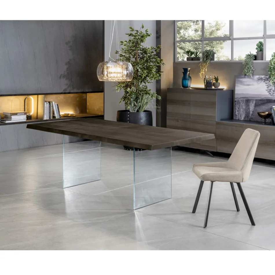 Mesa extensible hasta 300 cm en roble y base de cristal templado - Nicoall Viadurini