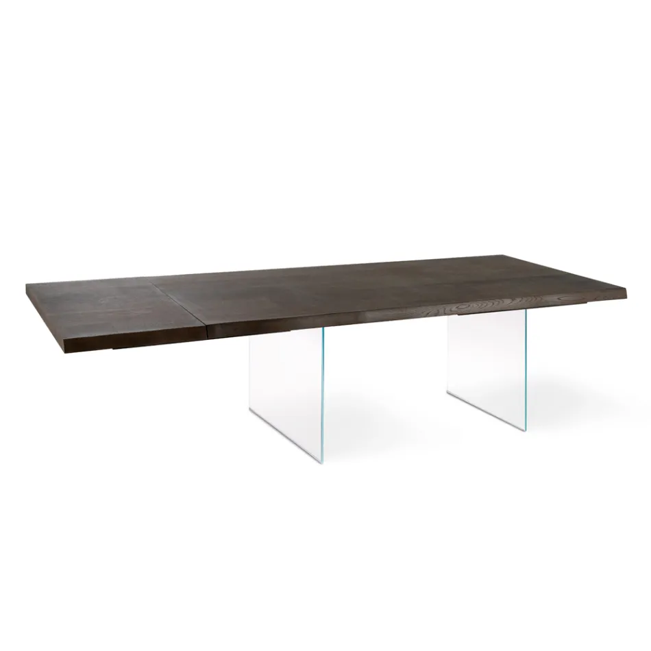 Mesa extensible hasta 300 cm en roble y base de cristal templado - Nicoall Viadurini
