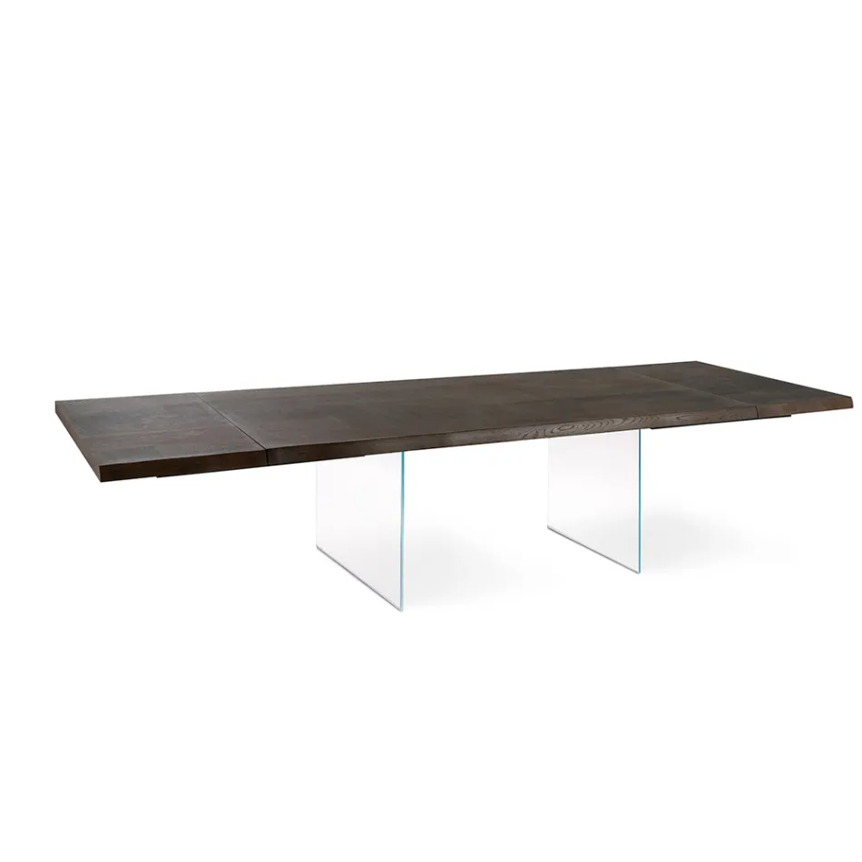 Mesa extensible hasta 300 cm en roble y base de cristal templado - Nicoall Viadurini