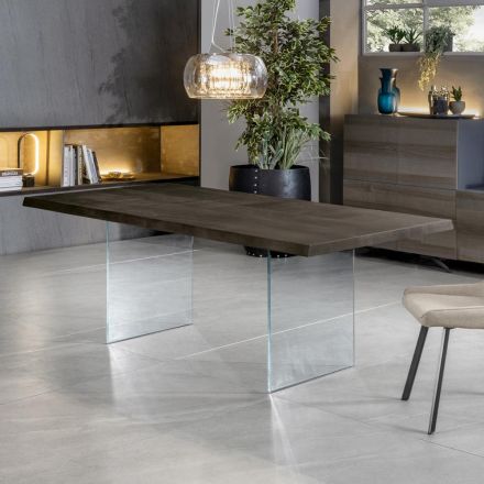 Mesa extensible hasta 300 cm en roble y base de cristal templado - Nicoall Viadurini