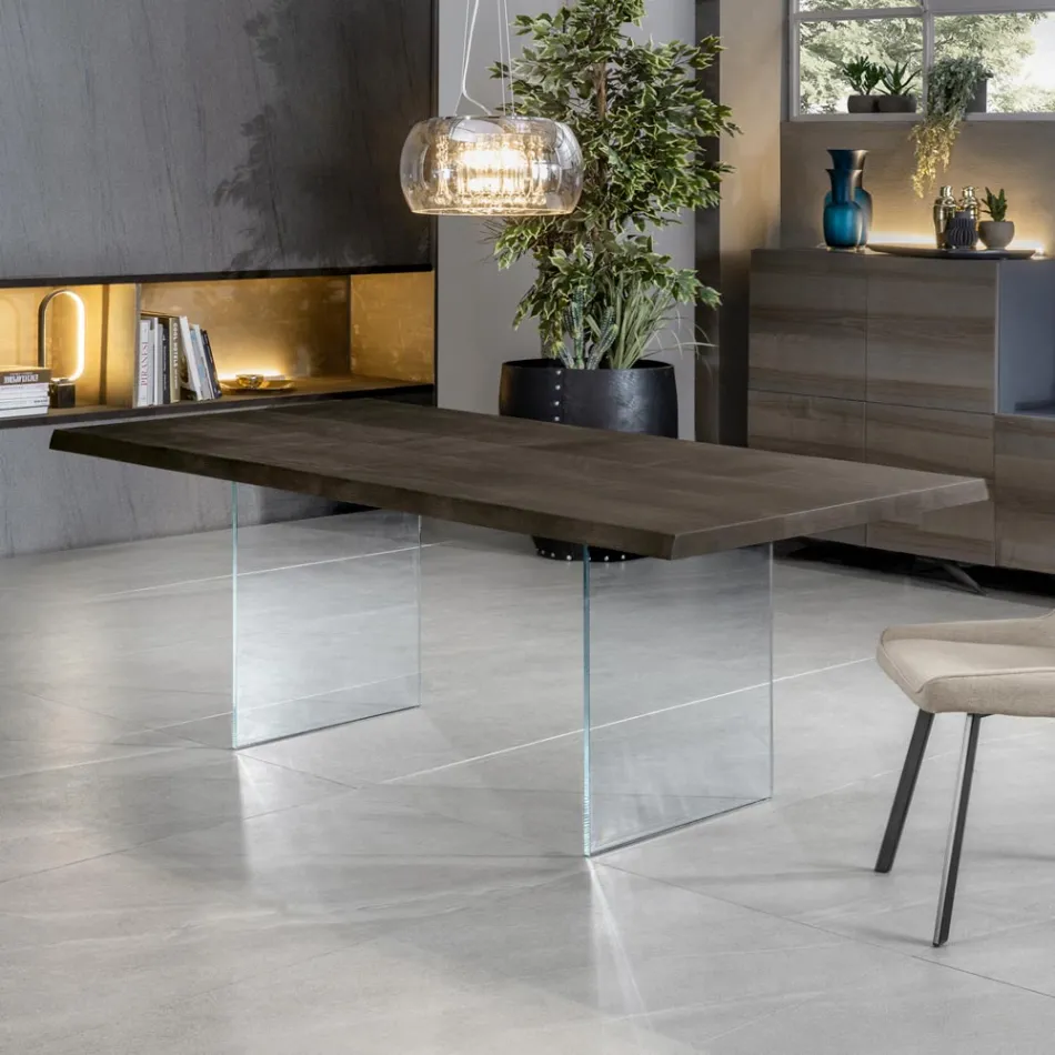 Mesa extensible hasta 300 cm en roble y base de cristal templado - Nicoall Viadurini