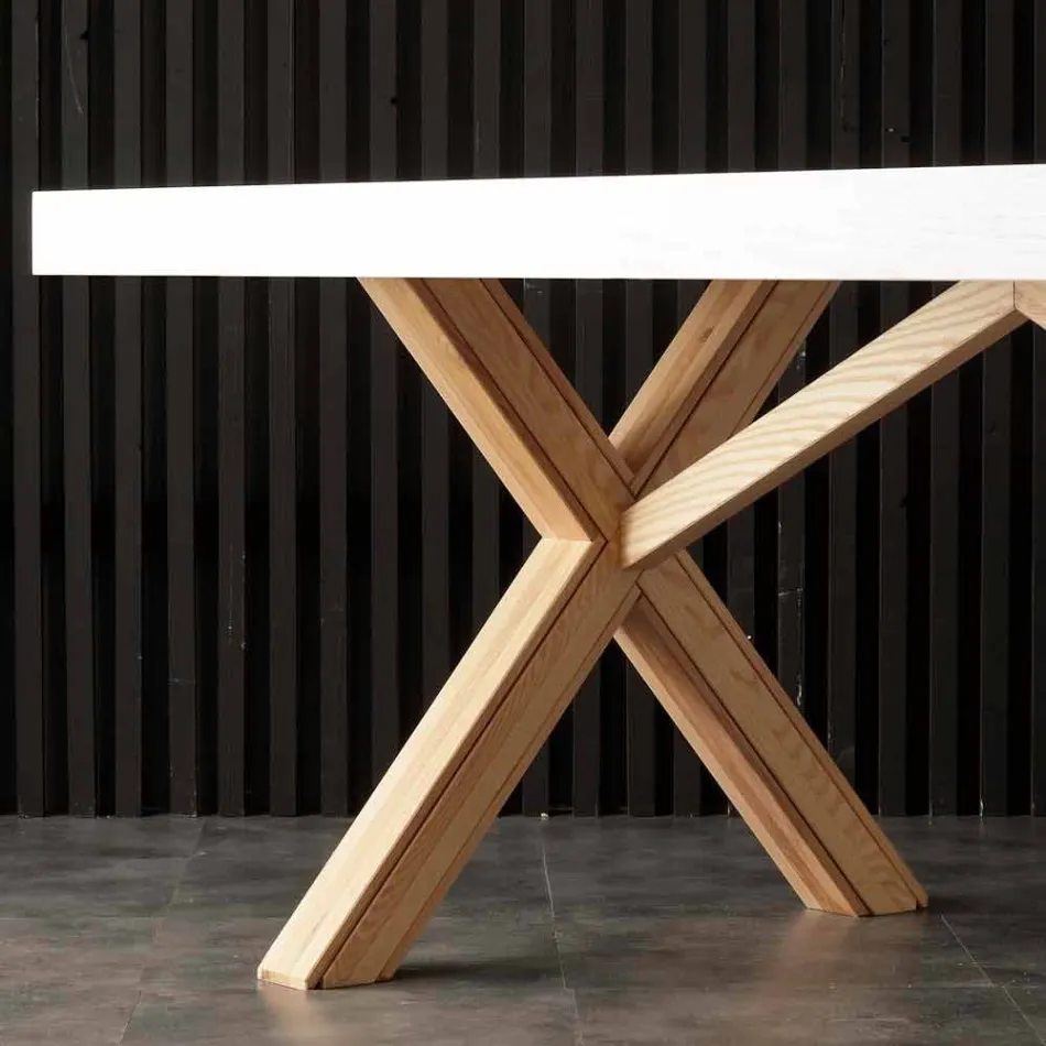 Mesa extensible blanca con estructura de madera maciza natural Rico Viadurini