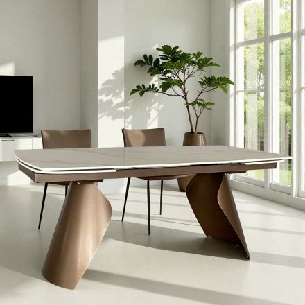 Mesa extensible de 180 a 260 cm en gres porcelánico sinterizado con acabado Calacatta - Vortex Viadurini