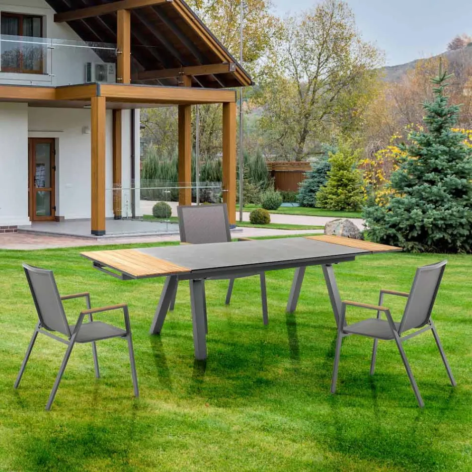 Mesa de exterior extensible en aluminio antracita y tapa de cristal - Aimer Viadurini