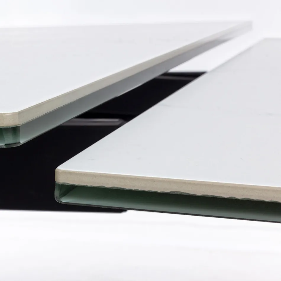 Mesa de comedor extensible de 240 cm con tapa de vidrio y cerámica - Barone Viadurini