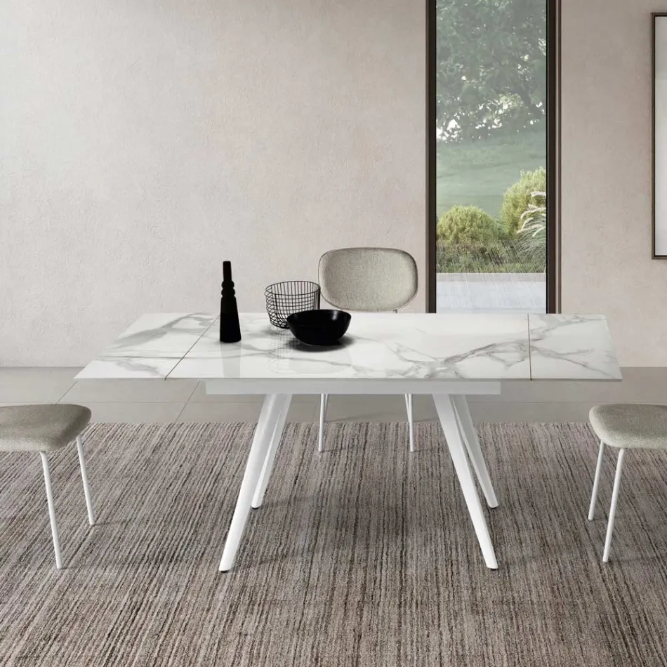 Mesa extensible de hasta 180 cm en piedra efecto mármol y metal - Numa Viadurini