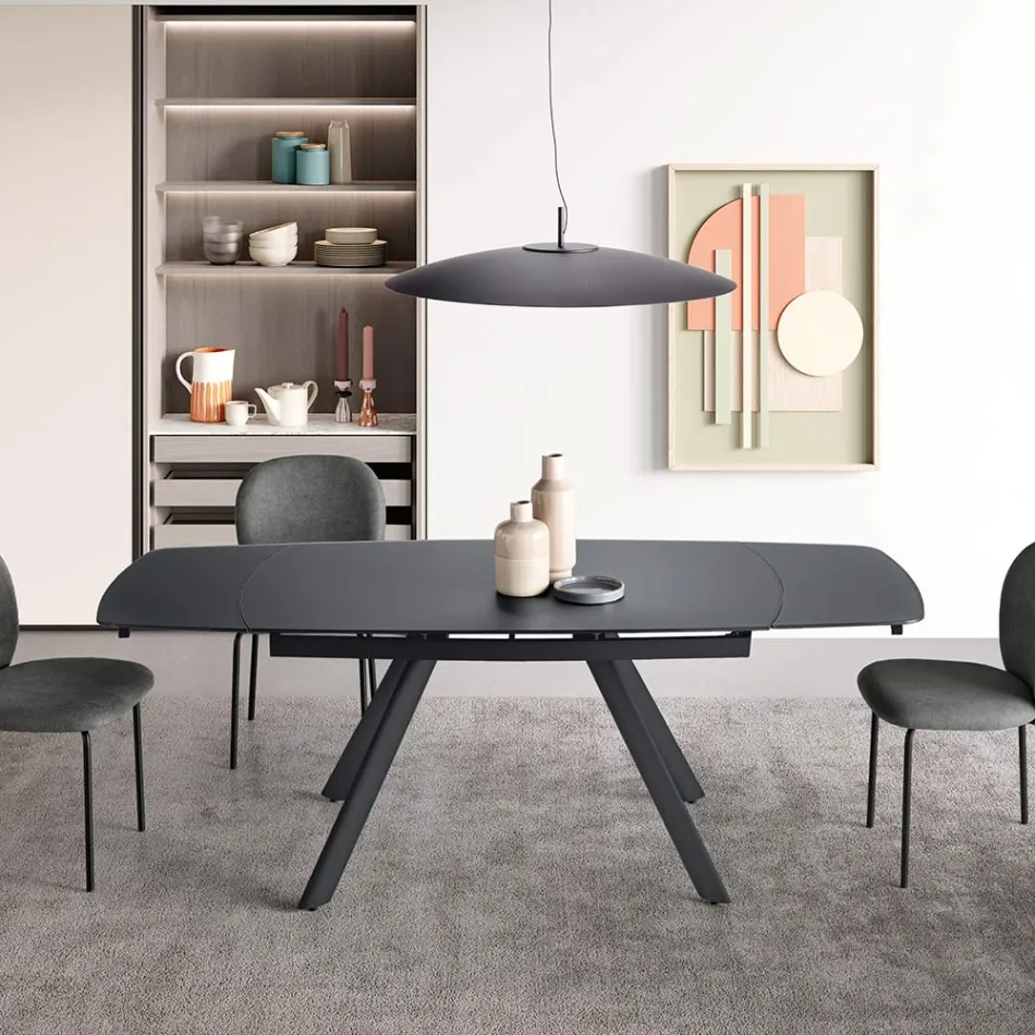 Mesa extensible de hasta 210 cm en cristal y metal pintado - Naxos Viadurini