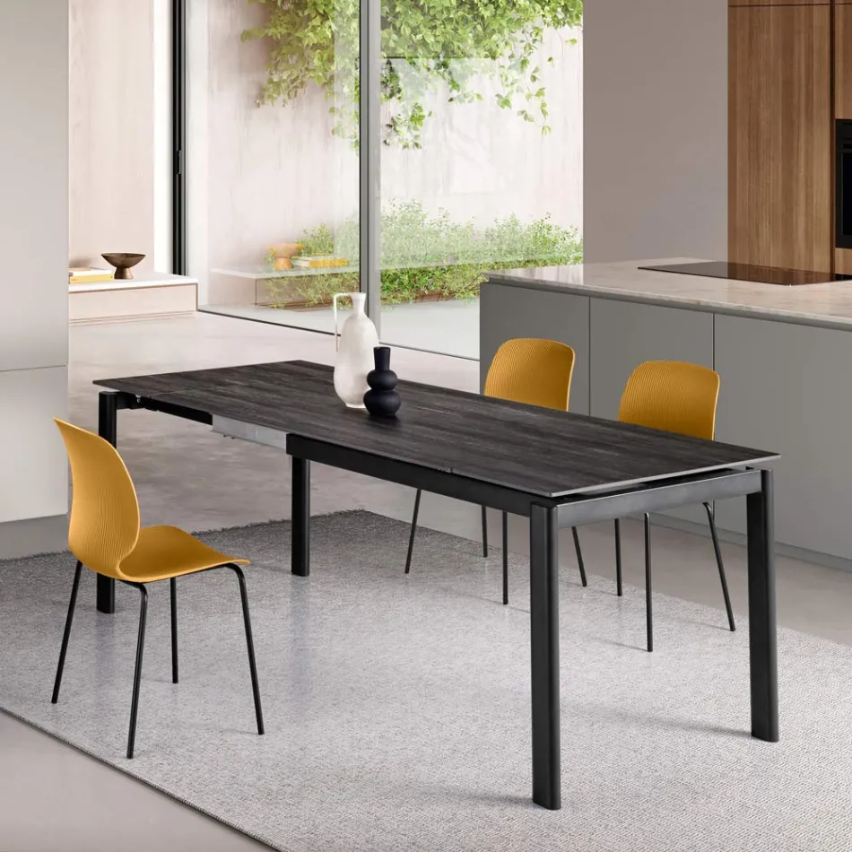 Mesa extensible en dos tamaños en metal y piedra efecto mármol - Morfeo Viadurini