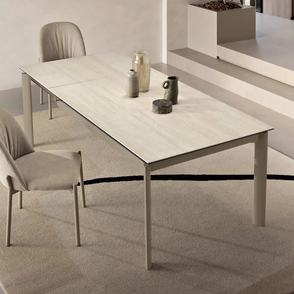 Mesa extensible de gres porcelánico con base de metal pintado - Arko Viadurini