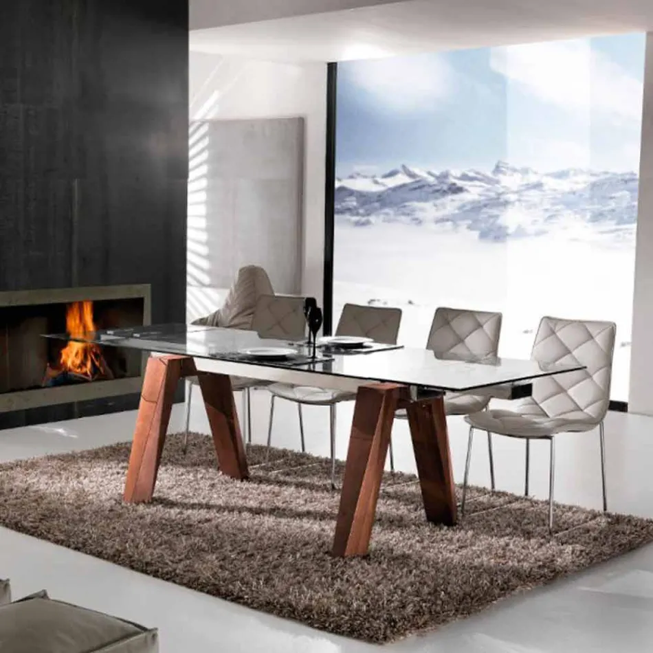 Mesa extensible en madera maciza y vidrio templado Chad Viadurini