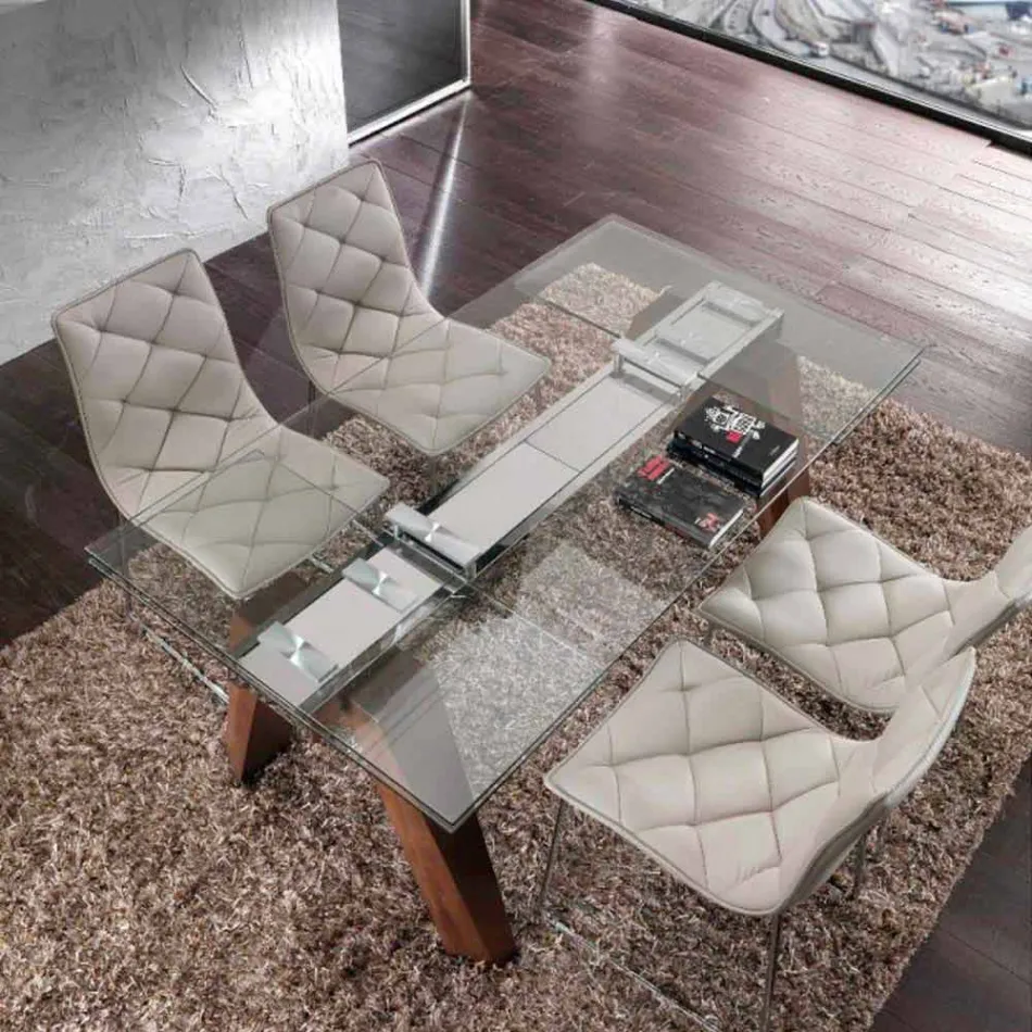 Mesa extensible en madera maciza y vidrio templado Chad Viadurini
