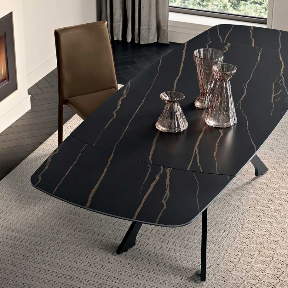 Mesa metálica extensible con tablero de gres porcelánico efecto mármol - Vittorio Viadurini