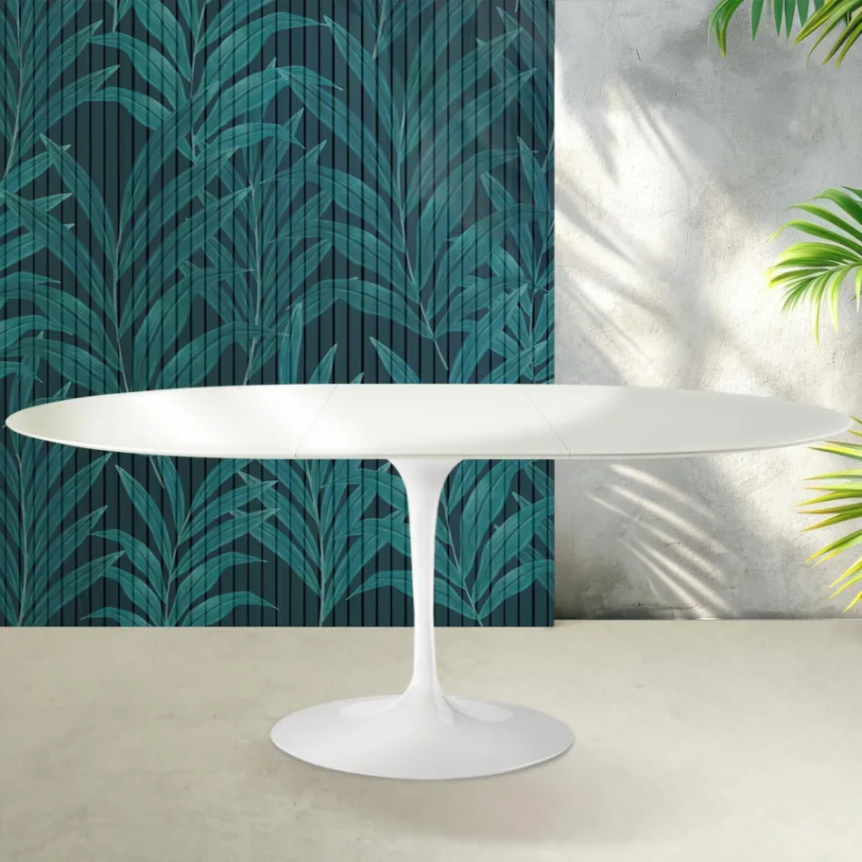 Mesa extensible Tulip de Saarinen, 74 cm de altura, en cerámica Florim blanca brillante - Scarlet Viadurini