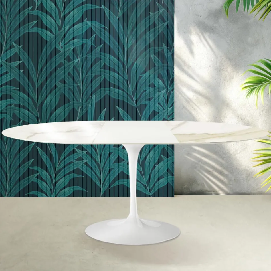 Mesa extensible Tulip de Saarinen, 74 cm de altura, en cerámica Florim Calacatta Gold Gloss - Scarlet Viadurini