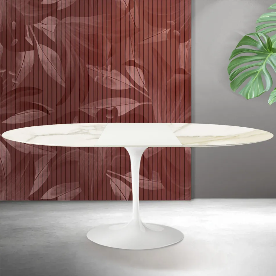 Mesa extensible Tulip de Saarinen, 74 cm de altura, en cerámica mate Florim Calacatta Gold - Escarlata Viadurini