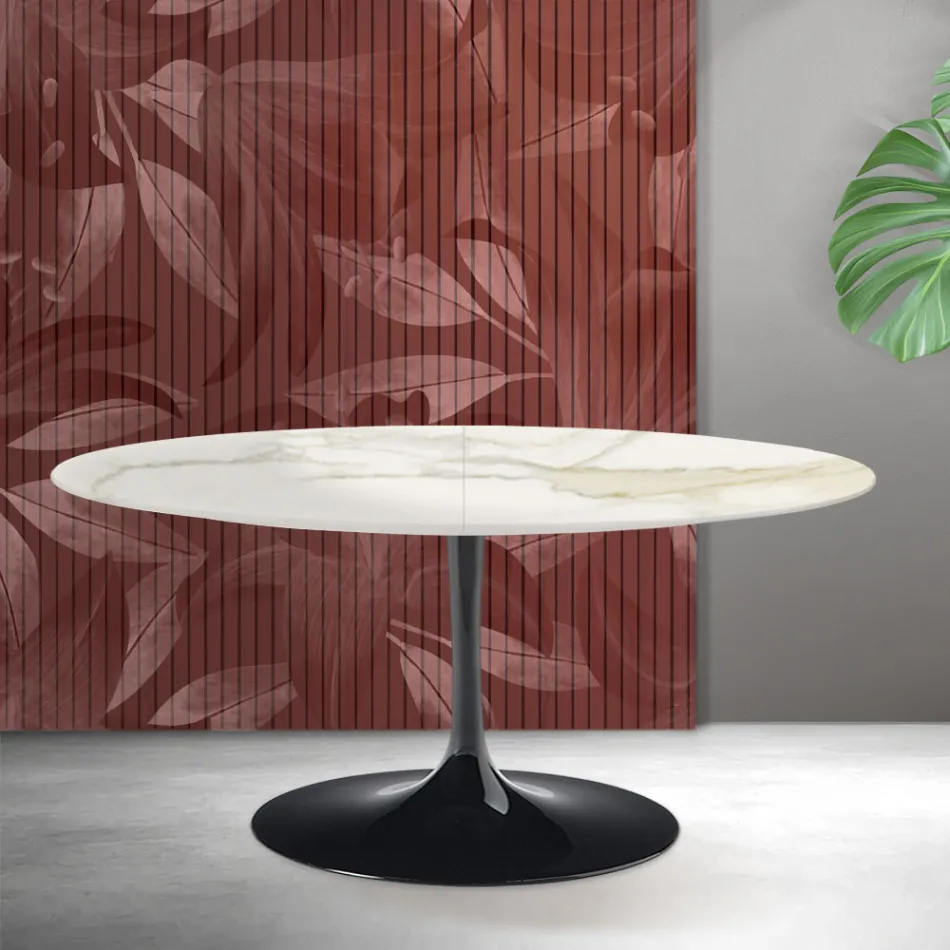 Mesa extensible Tulip de Saarinen, 74 cm de altura, en cerámica mate Florim Calacatta Gold - Escarlata Viadurini