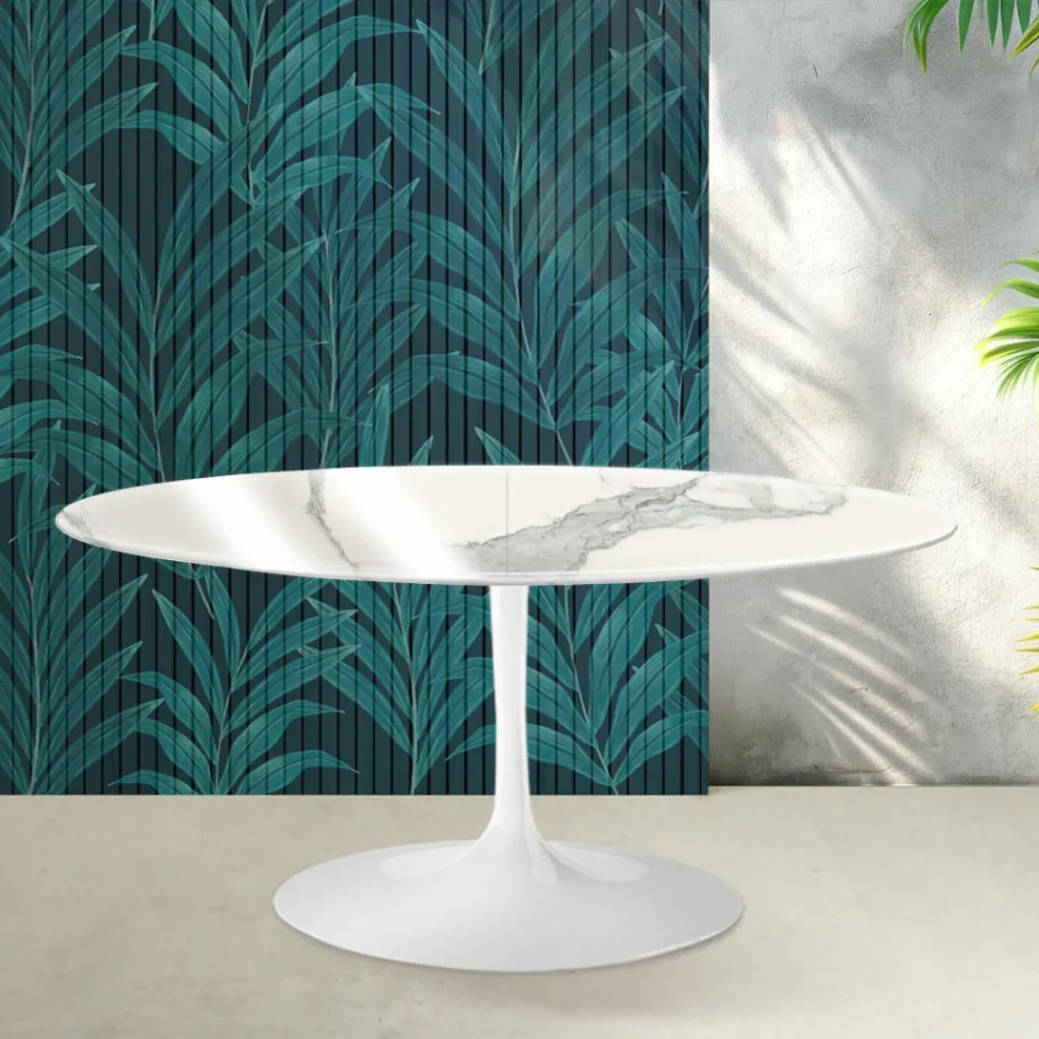 Mesa extensible Tulip de Saarinen, 74 cm de altura, en cerámica Statuario Florim brillante - Escarlata Viadurini