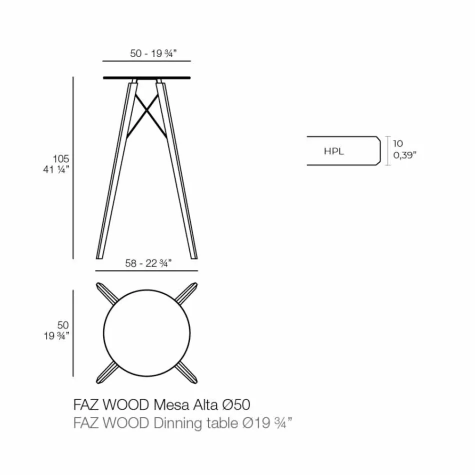 Mesa de bar alta redonda de diseño en madera y Hpl, 4 piezas - Faz Wood by Vondom Viadurini