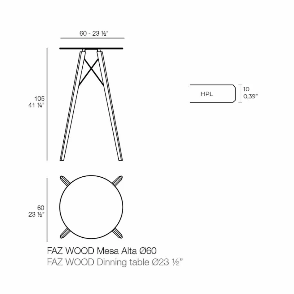 Mesa de bar alta redonda de diseño en madera y Hpl, 4 piezas - Faz Wood by Vondom Viadurini