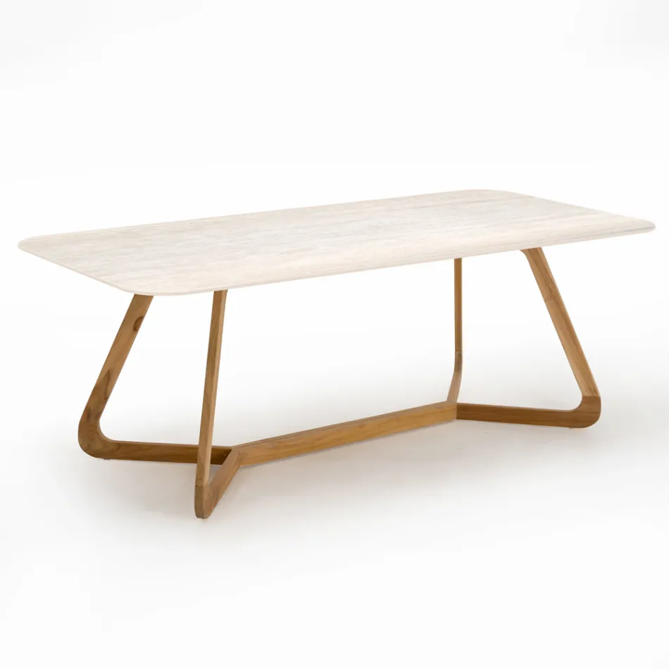 Mesa con base de madera y tapa de cerámica travertino claro - Infinity Viadurini