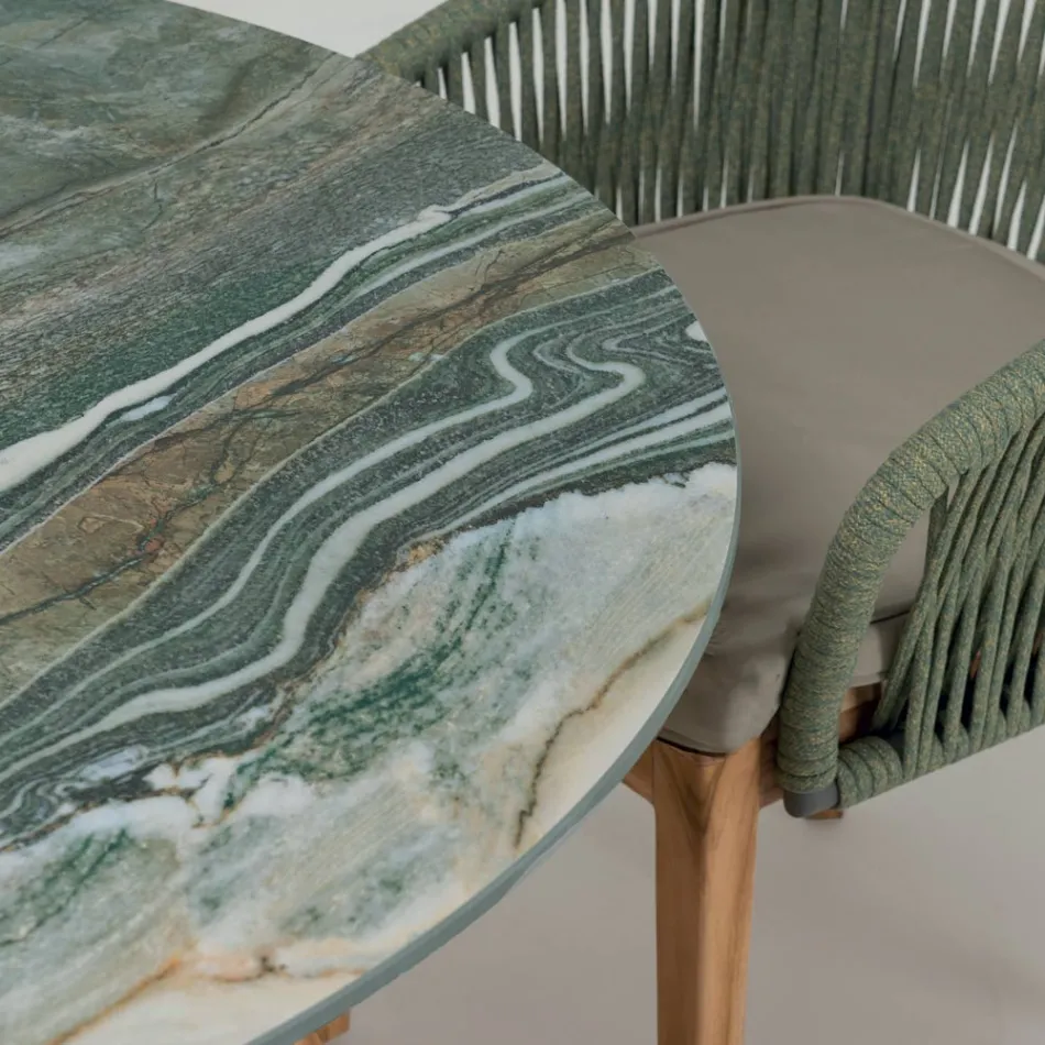 Mesa con tapa de cerámica y base de teca Made in Italy - Casco Viadurini