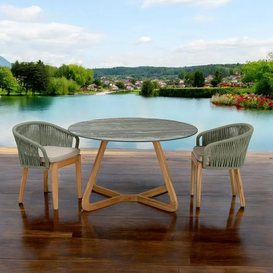 Mesa con tapa de cerámica y base de teca Made in Italy - Casco Viadurini