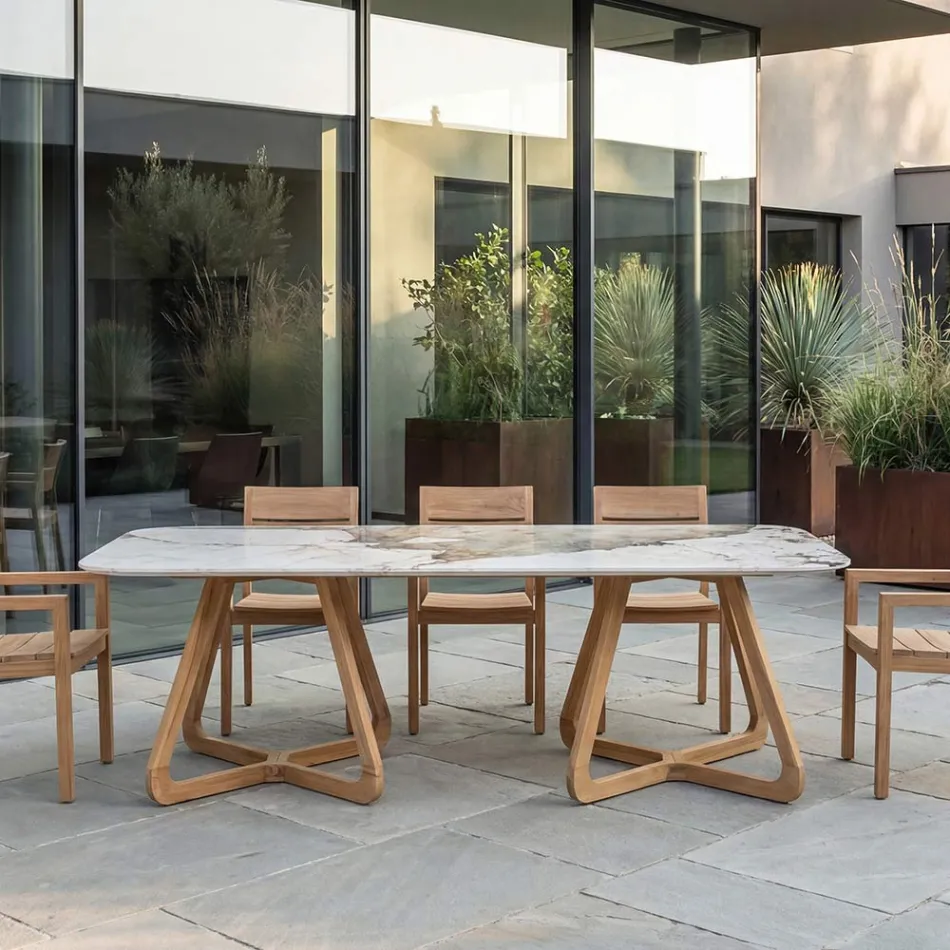 Mesa con tapa de cerámica y base de teca maciza Made in Italy - Blusa Viadurini