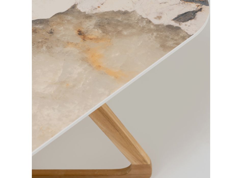 Mesa con tapa de cerámica y base de teca maciza Made in Italy - Blusa Viadurini