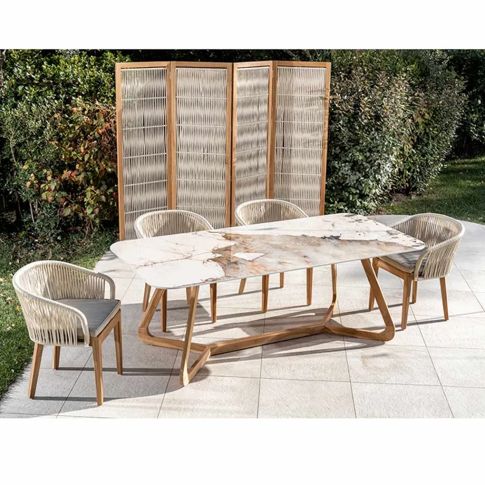 Mesa con tapa de cerámica y base de teca maciza Made in Italy - Blusa Viadurini