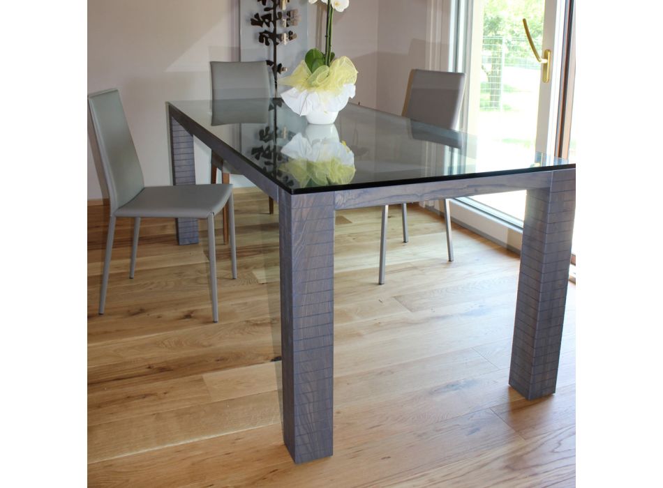 Mesa con tapa de cristal y madera de fresno moderada Made in Italy – Asella Viadurini