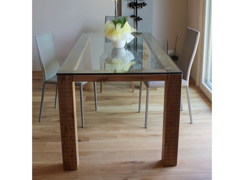 Mesa con tapa de cristal y madera de fresno moderada Made in Italy – Asella Viadurini