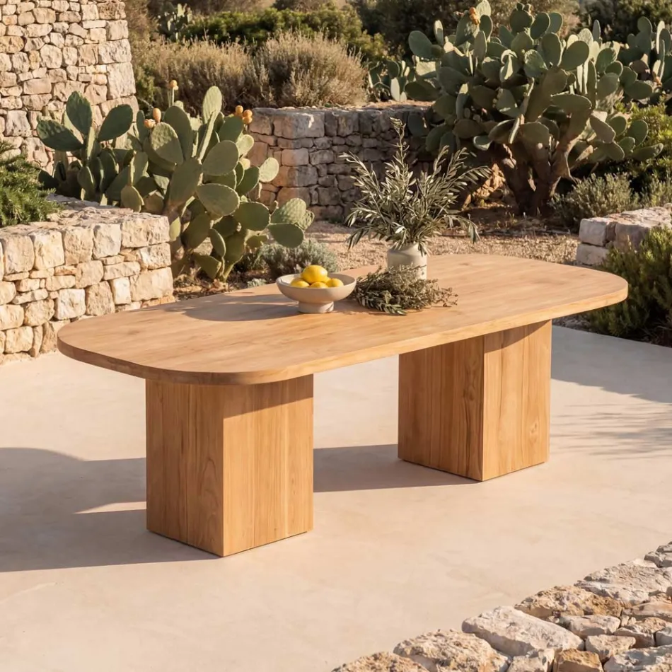 Mesa con tablero de teca cepillada y esquinas redondeadas - Destination Viadurini