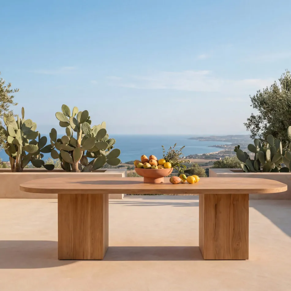 Mesa con tablero de teca cepillada y esquinas redondeadas - Destination Viadurini