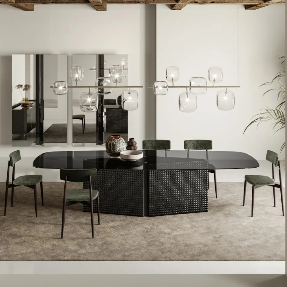 Mesa con tapa de cristal perfilado y base de vidrio fundido y metal - Foglietto Viadurini