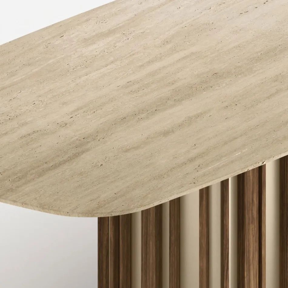 Mesa Lunaria con tablero de mármol y base de metal, fabricada en Italia. Viadurini